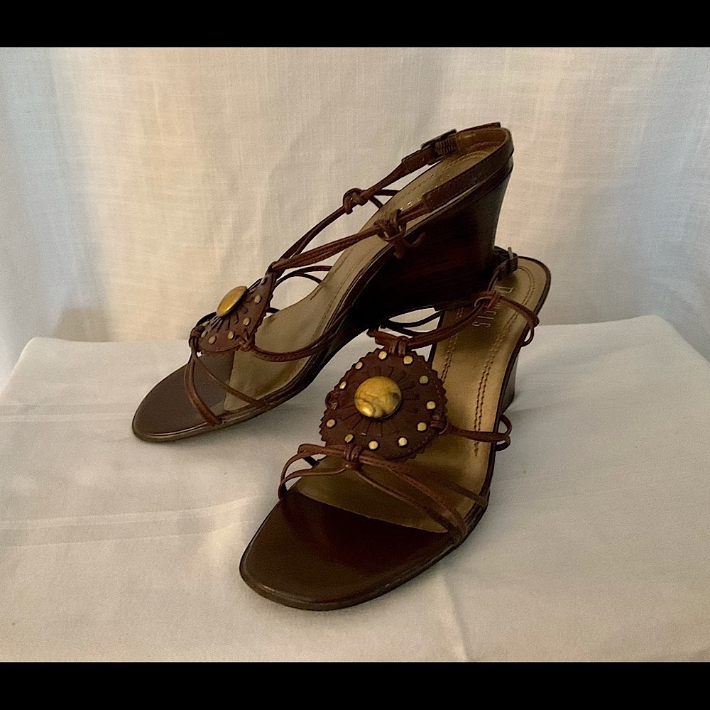 NICKELS strappy wedge LEATHER SANDALS size 8 1/2M